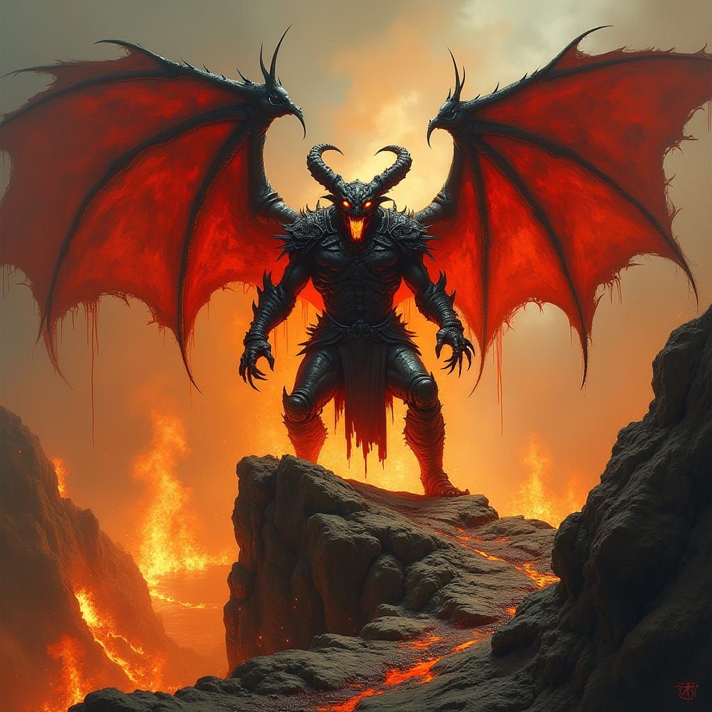 Fiery Demon Roars Defiantly from Blazing Cliff in Hellish La...