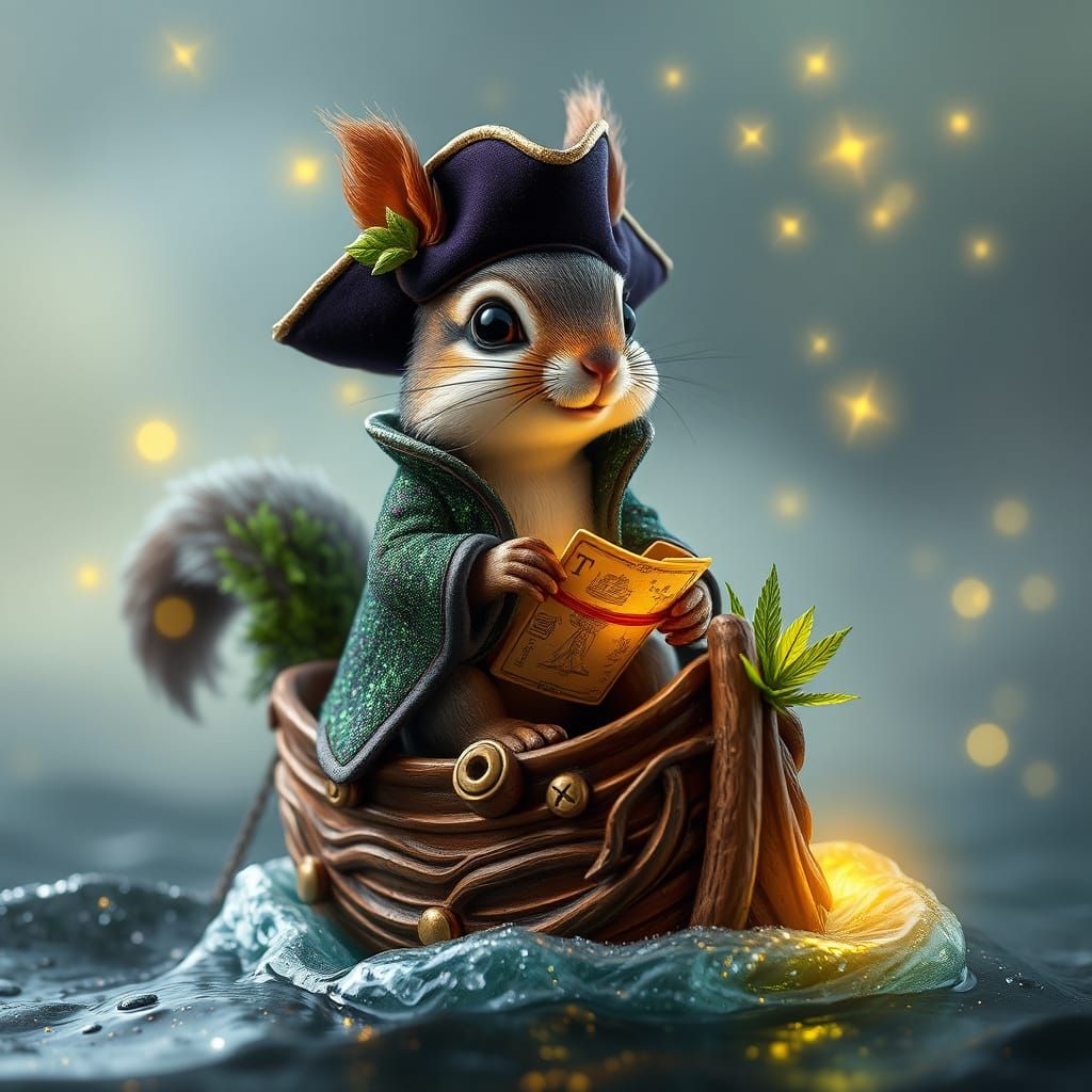 Mystical Pirate Squirrel Sailing a Shimmering Sea