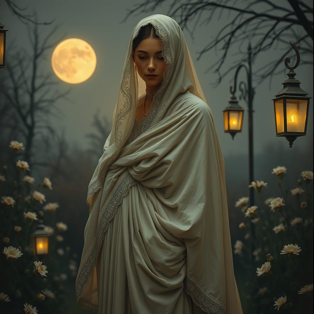 Serenely Modest Woman in Moonlit Garden