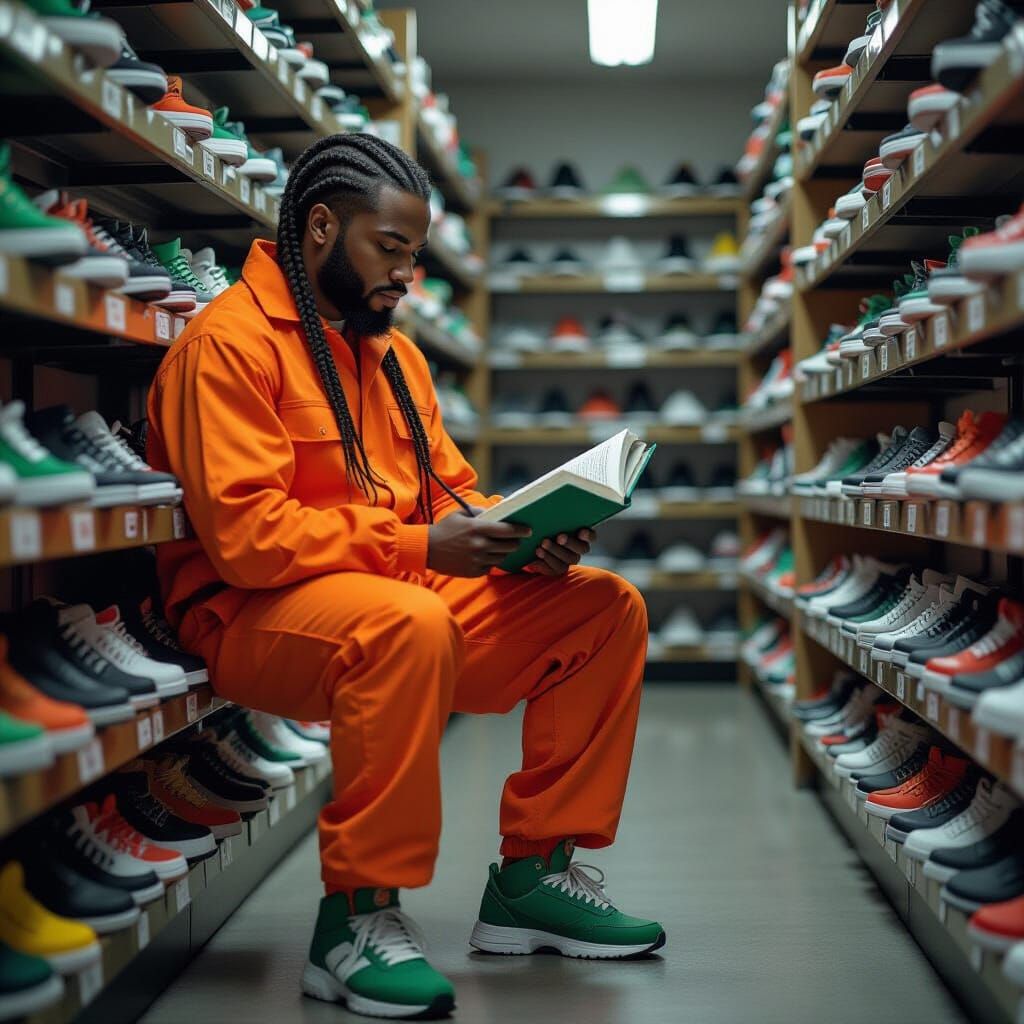 Man in Orange Jumpsuit Writing Book, Cinematic Film Still