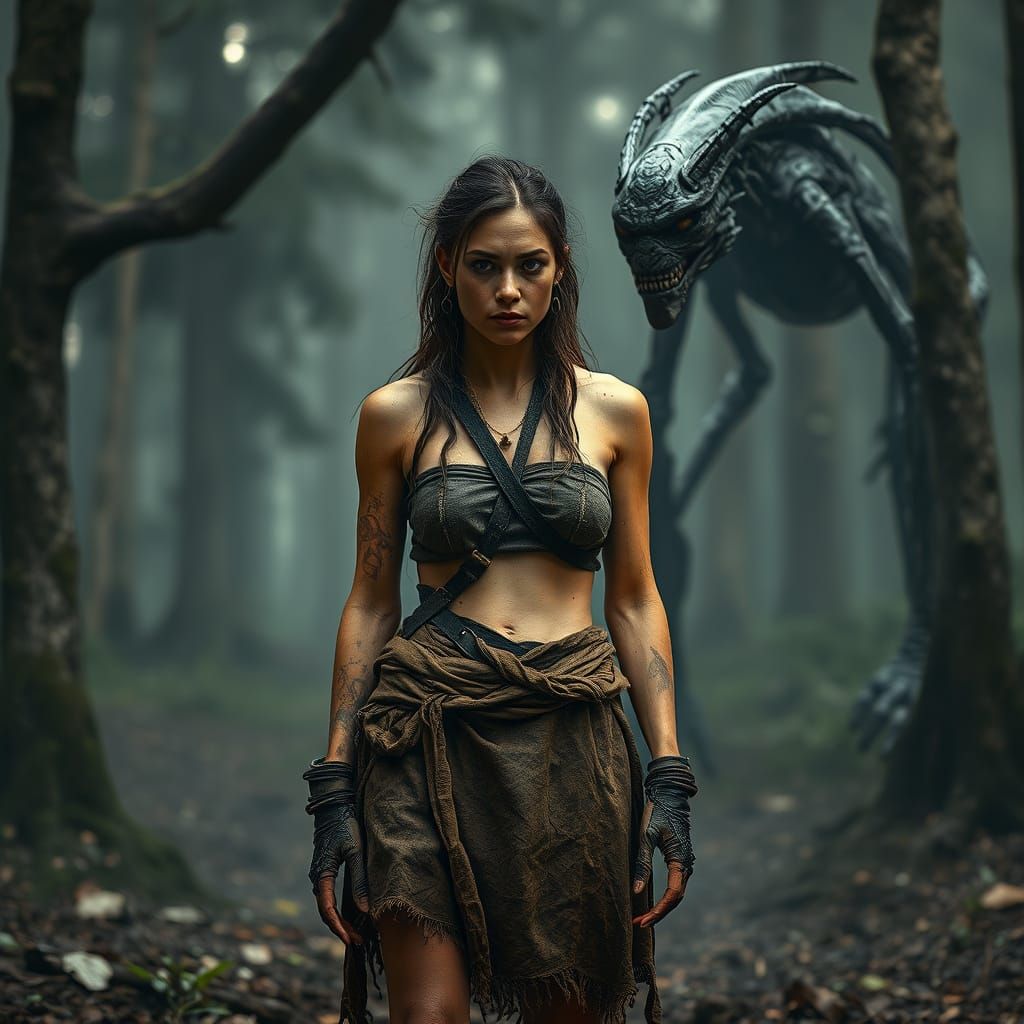 Weathered Woman Confronts Biomechanical Entity