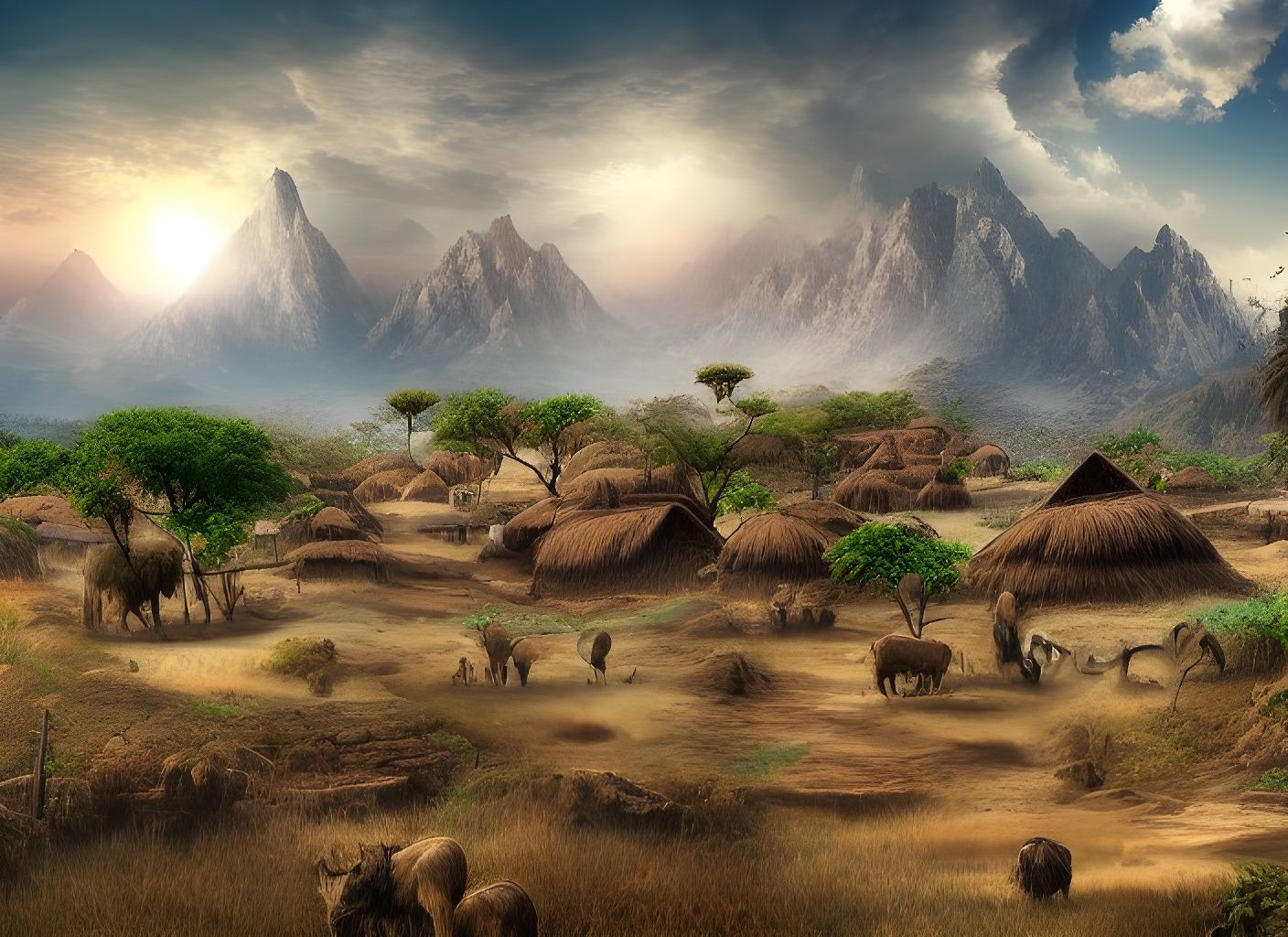 Tribal village in the African savannah