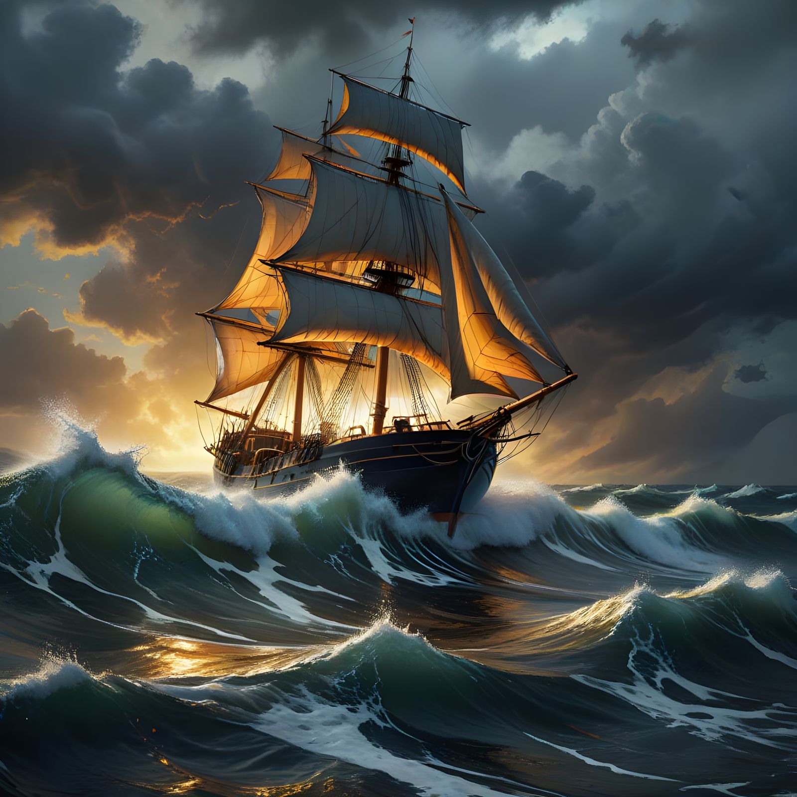 Oil Painting of Sailboat in Stormy Seas