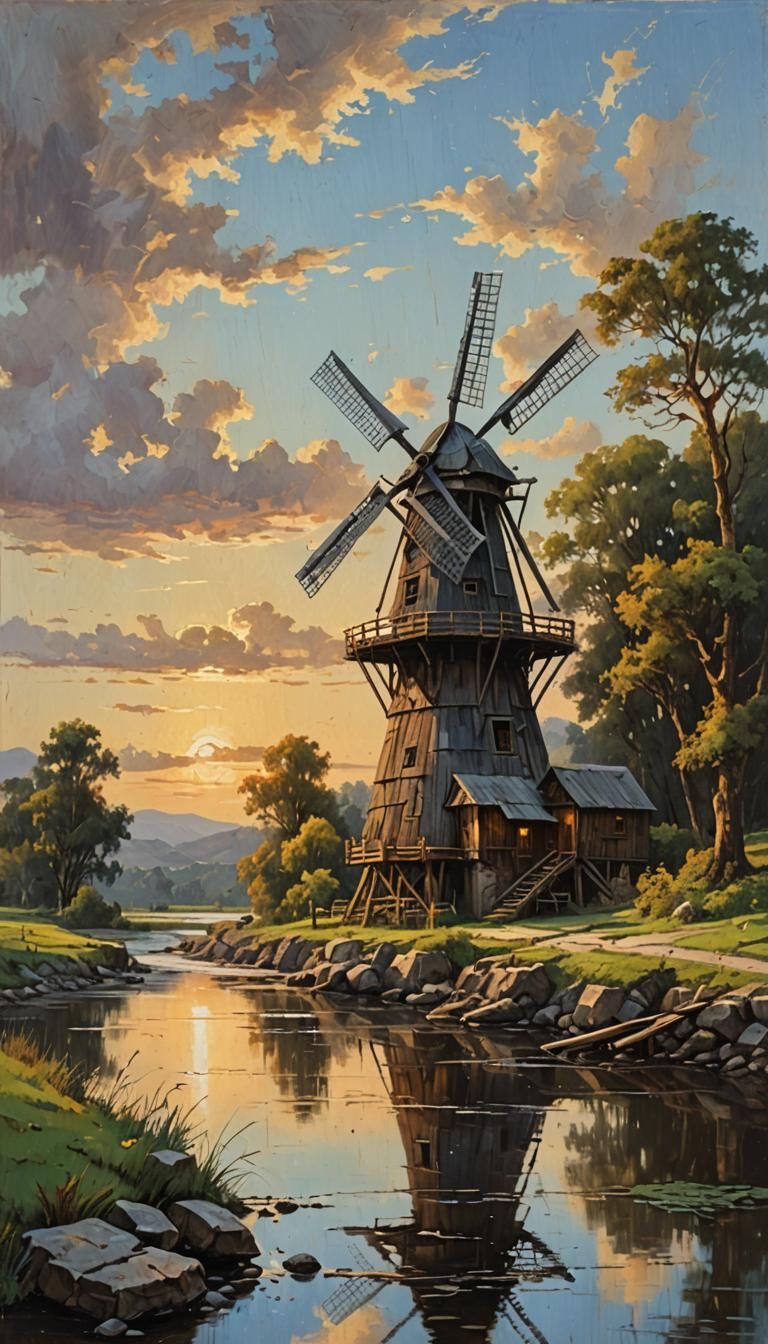 Ancient Windmill by River at Sunset: Oil Painting