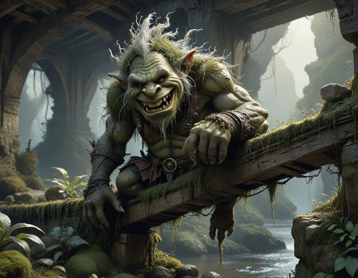 Moss Troll Hiding Under Bridge: Fantasy Art