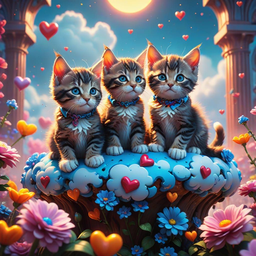 Whimsical Kittens in a Bright Fantasy Cloud