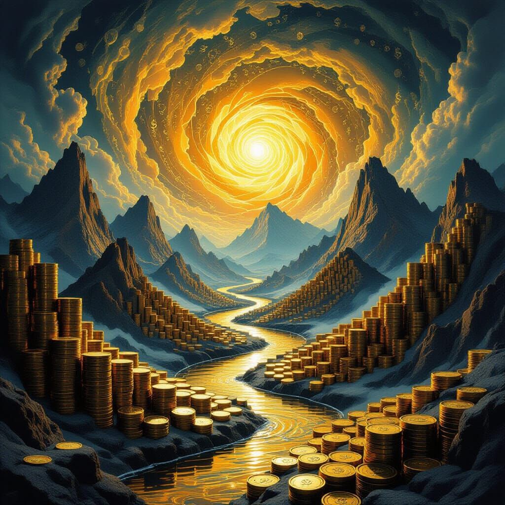 Molten Gold Rivers Flow Through Currency Valleys, Coin Mount...
