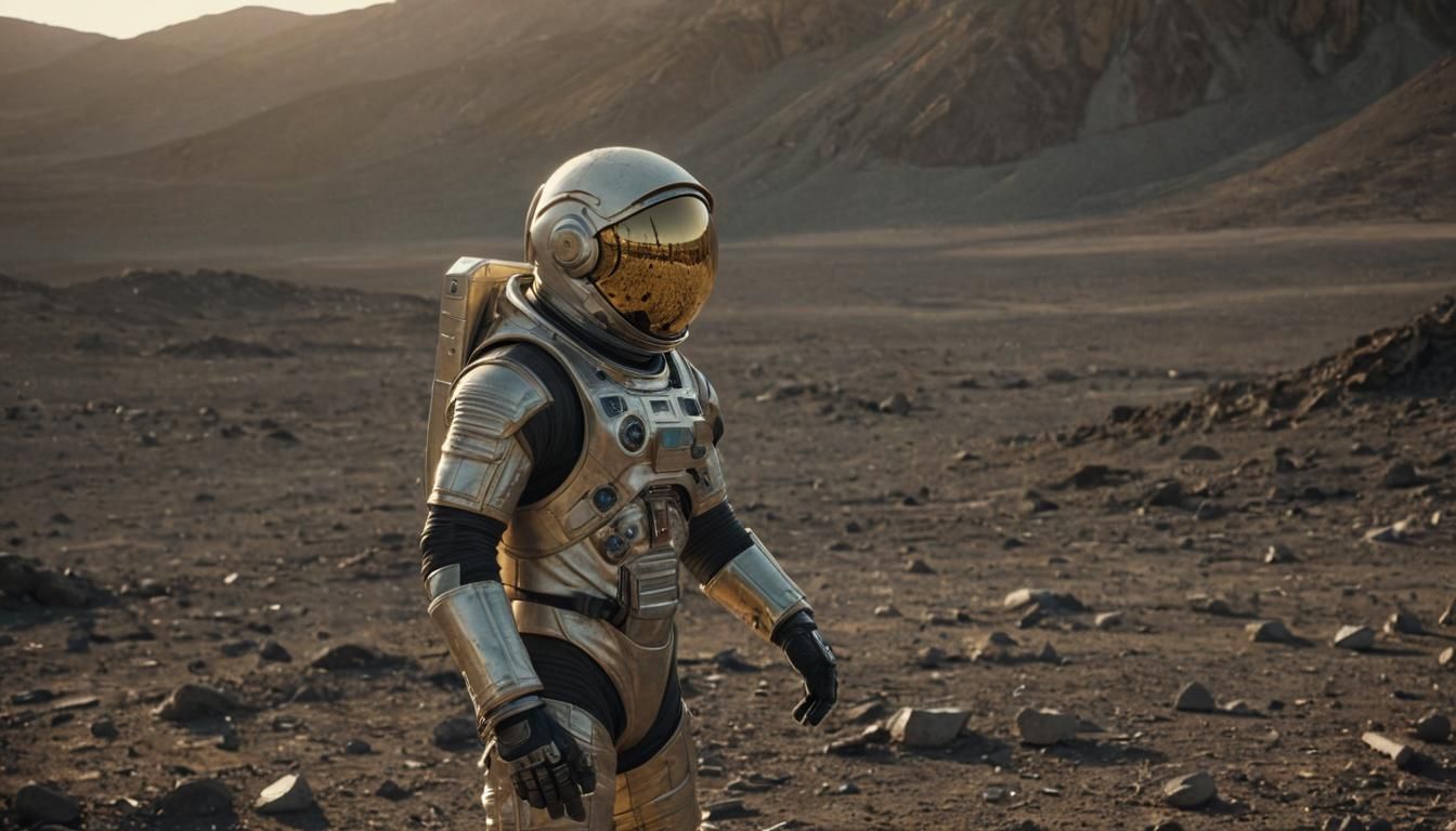 Astronaut on Lunar Landscape in Golden Hour