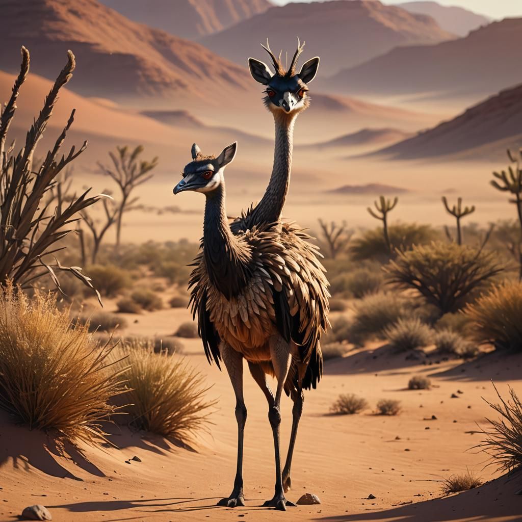 Emu-Deer Hybrid in African Desert: Anime-Inspired Digital Ar...