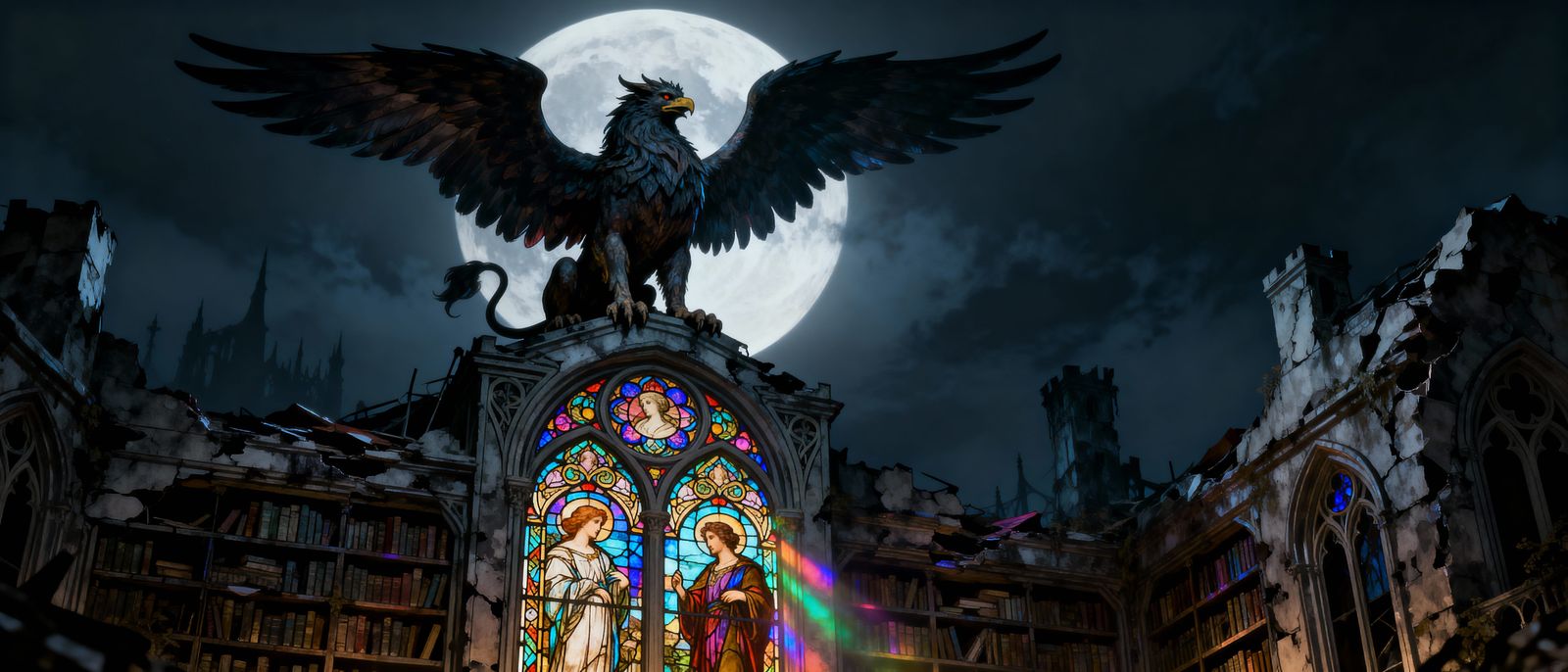 Gryphon on Art Nouveau Library Spire Under Moonlight