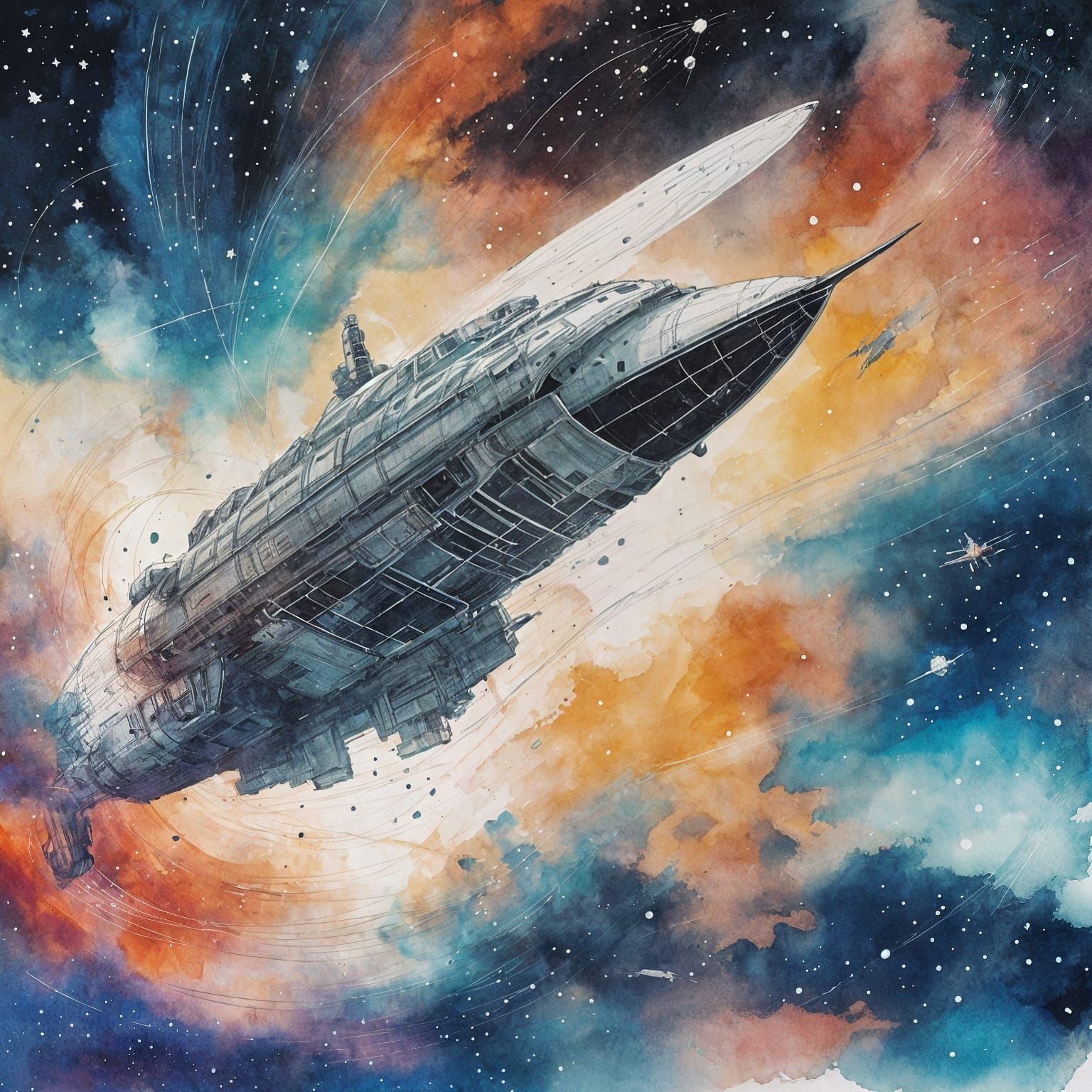 Spaceship Ink Illustration in Mixed Styles