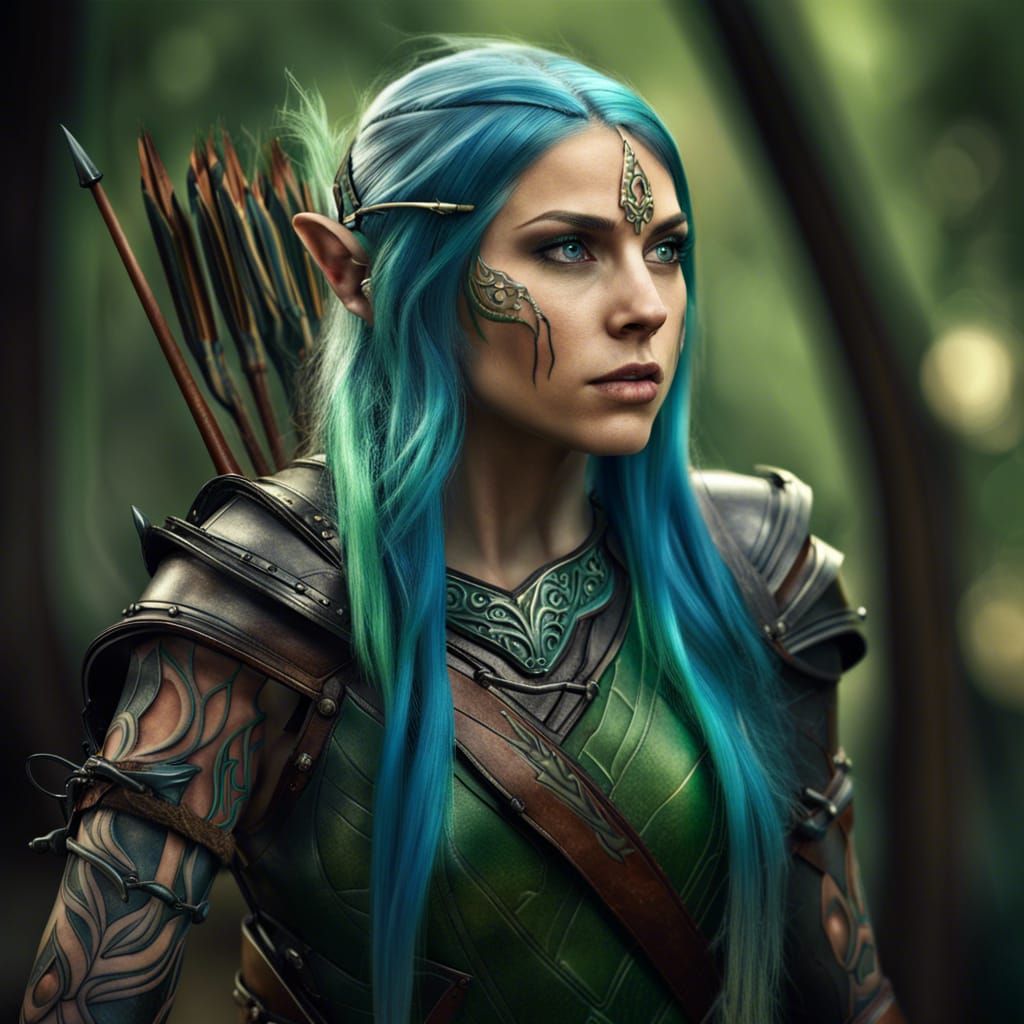 Hyperrealistic Wood Elf Archer with Green Hair