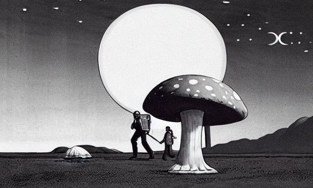 Astronaut and Mushroom on Alien Planet in Retro-Futurism
