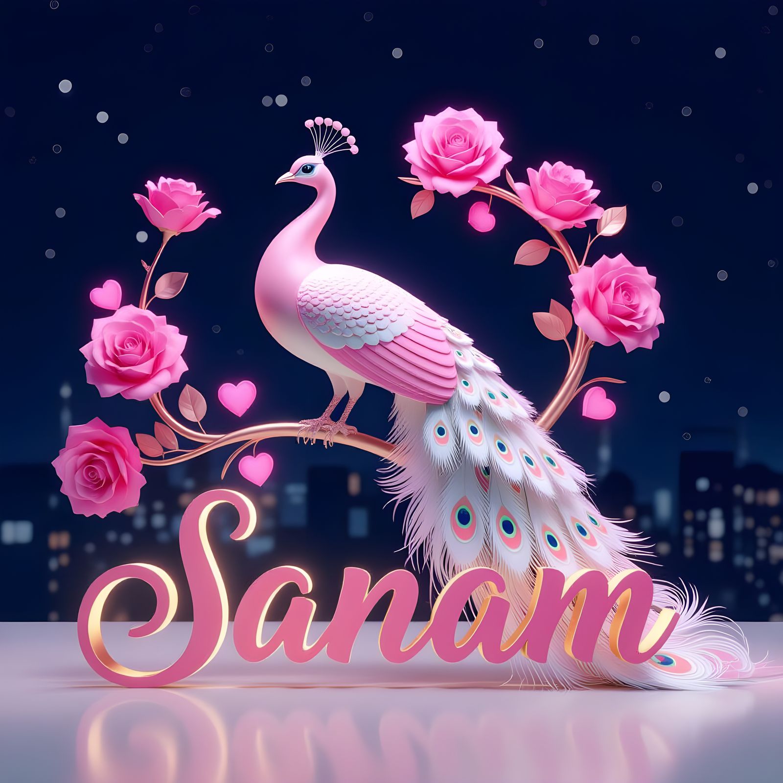 3D Fashion Logo: Pink Peacock with Gold Edge & Roses
