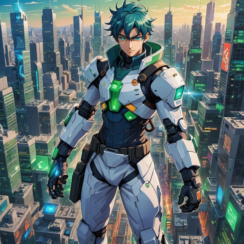 Dynamic Anime Hero in Futuristic Cityscape