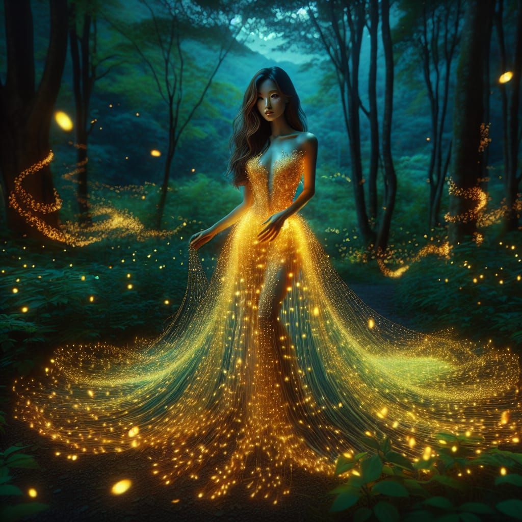Woman in Firefly Dress in Twilight Forest