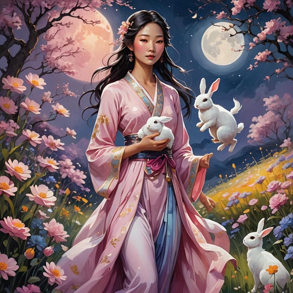Chinese Goddess with Rabbit in Dreamy Landscape