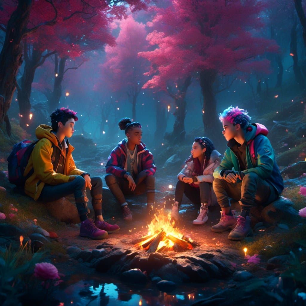 Friends Around Campfire: Detailed Fantasy Concept Art