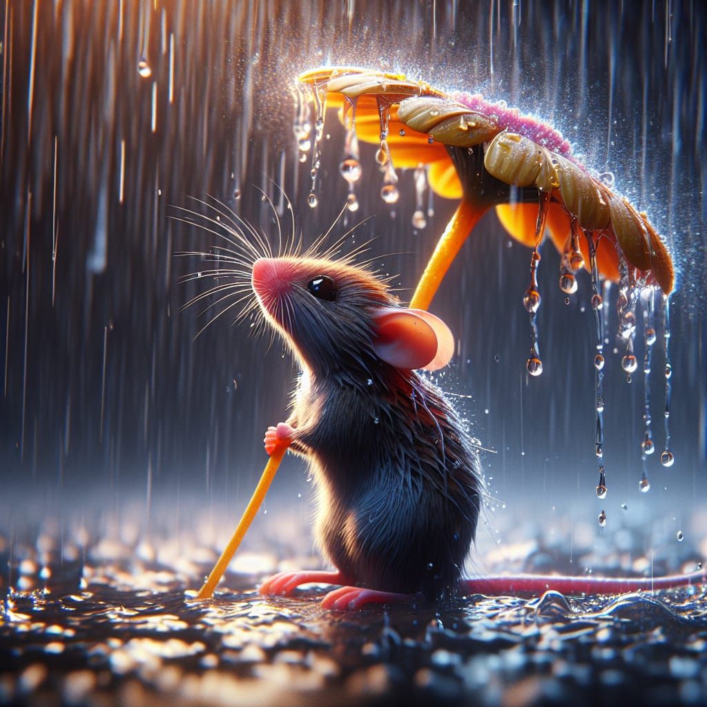 Whimsical Mouse Dances in Rainy Hyperrealism