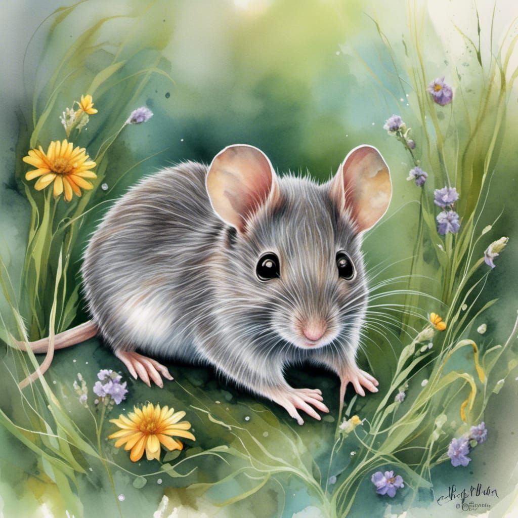 Adorable Mouse Portrait in Watercolor Meadow
