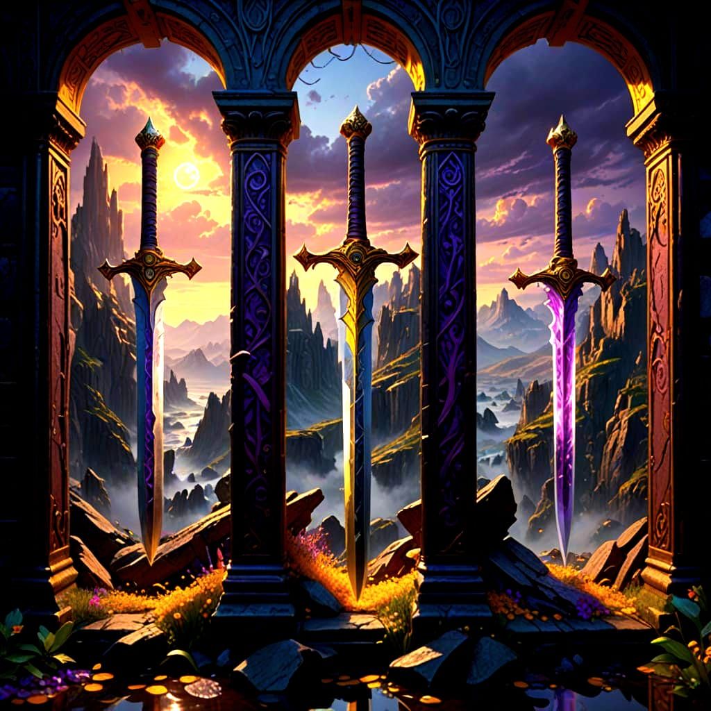 Surreal Dark Fantasy Masterpiece: Elemental Swords in Digita...
