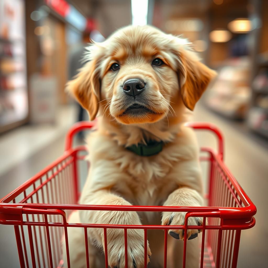 Golden Retriever Puppy in Shopping Cart: Adorable Photo