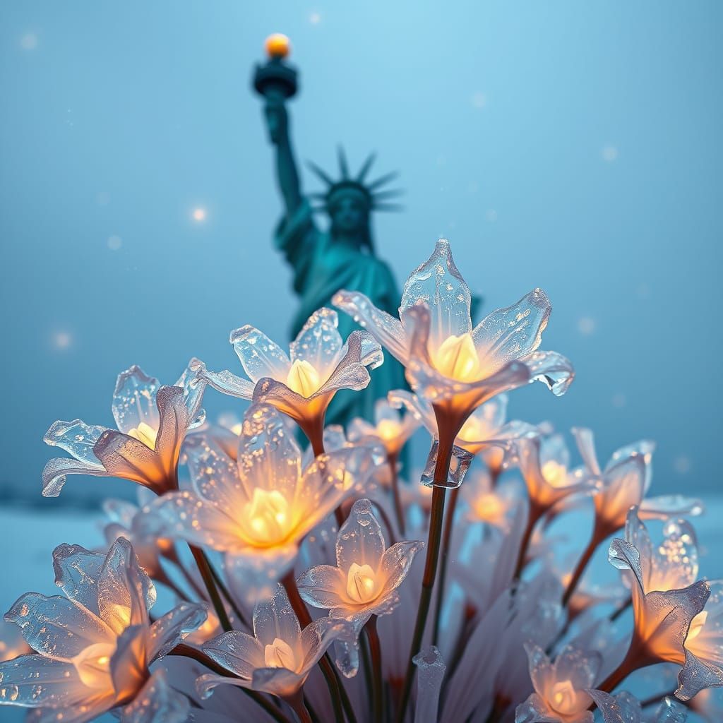 Magical Ice Flowers Surround Statue of Liberty
