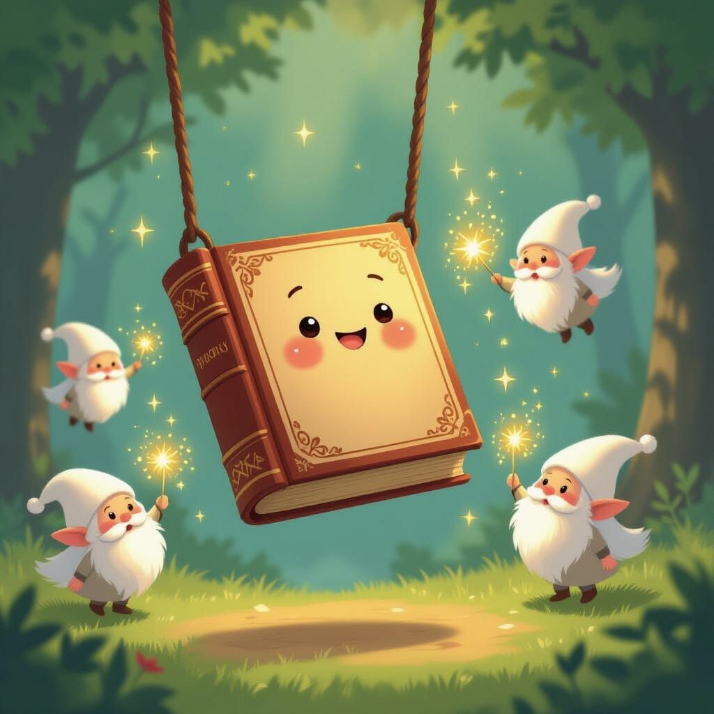 Smiling Book on Swing with Dust Elves in Ghibli Style