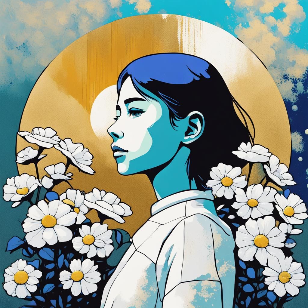 "Girl with white flowers, moonscape, impasto, Studio Ghibli