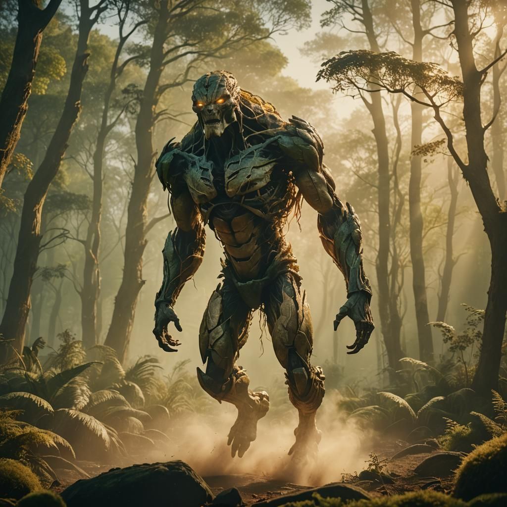 Epic Titan Creature Jumps in Warm Light