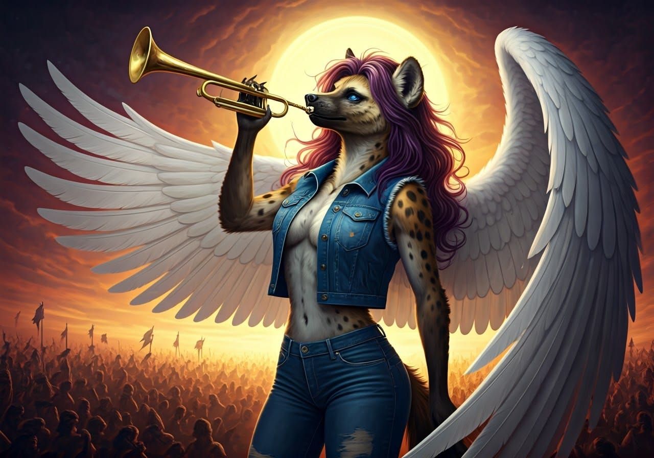 Majestic Angelic She-Hyena Blows Trumpet at Armageddon