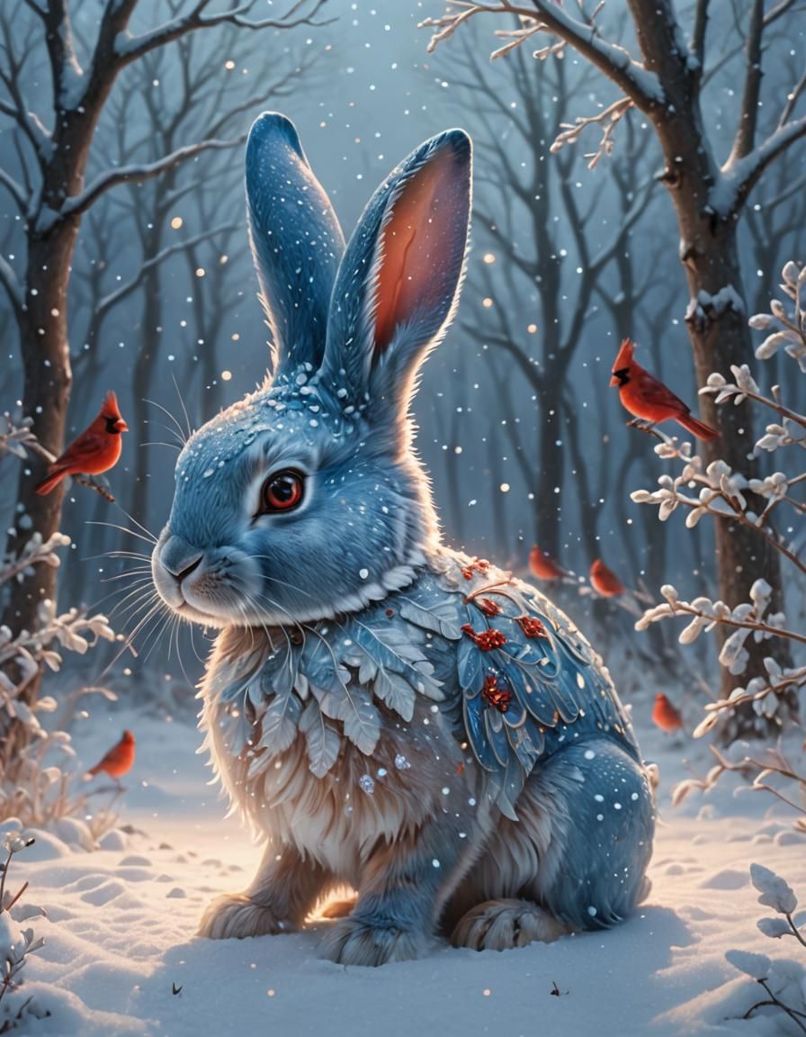Blue Bunny and Cardinal in Ethereal Winter Scene