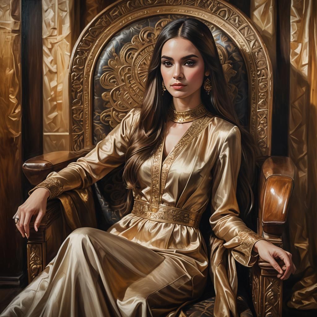 Elegant Woman in Silk Dress: Oil Painting Portrait