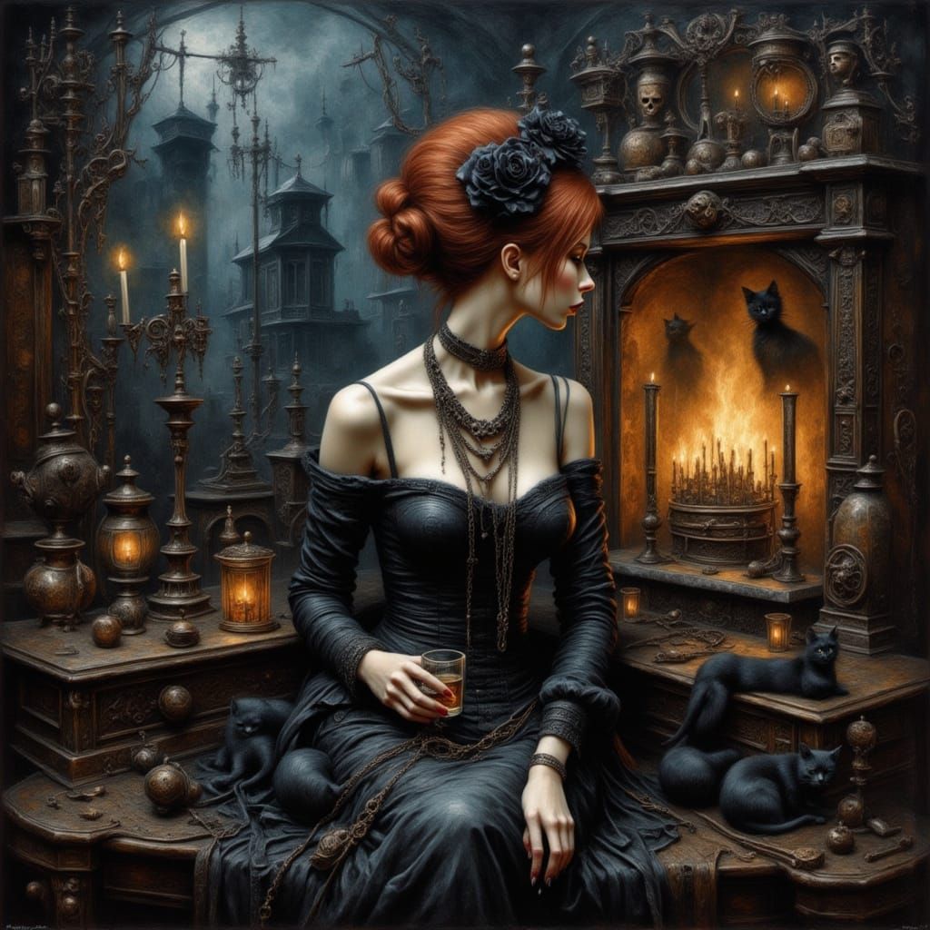 Woman in Haunted Library, Surrealist Oil Painting
