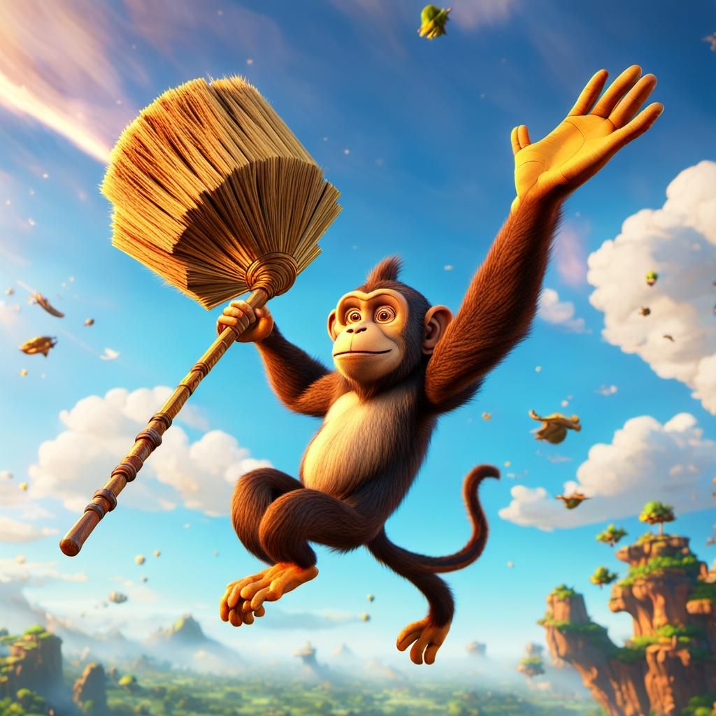 Monkey Rides Broom in Epic 3D Game Scene