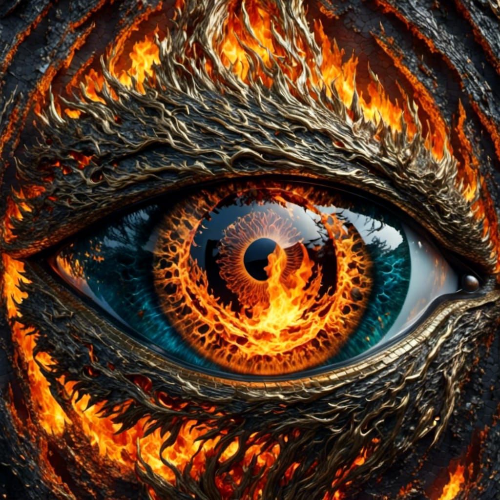Surreal Fiery Eye with Tiny Person Inside