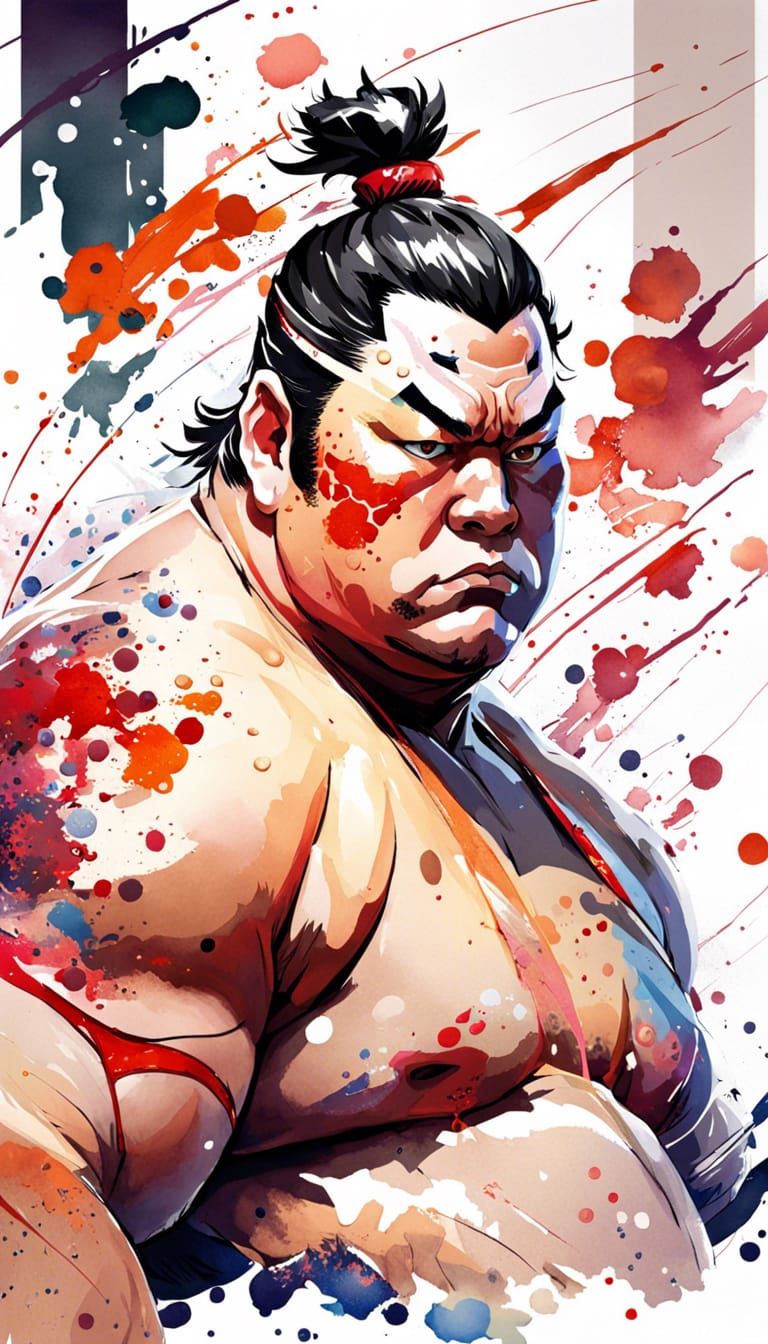 Detailed Watercolor Portrait of Sumo Wrestler