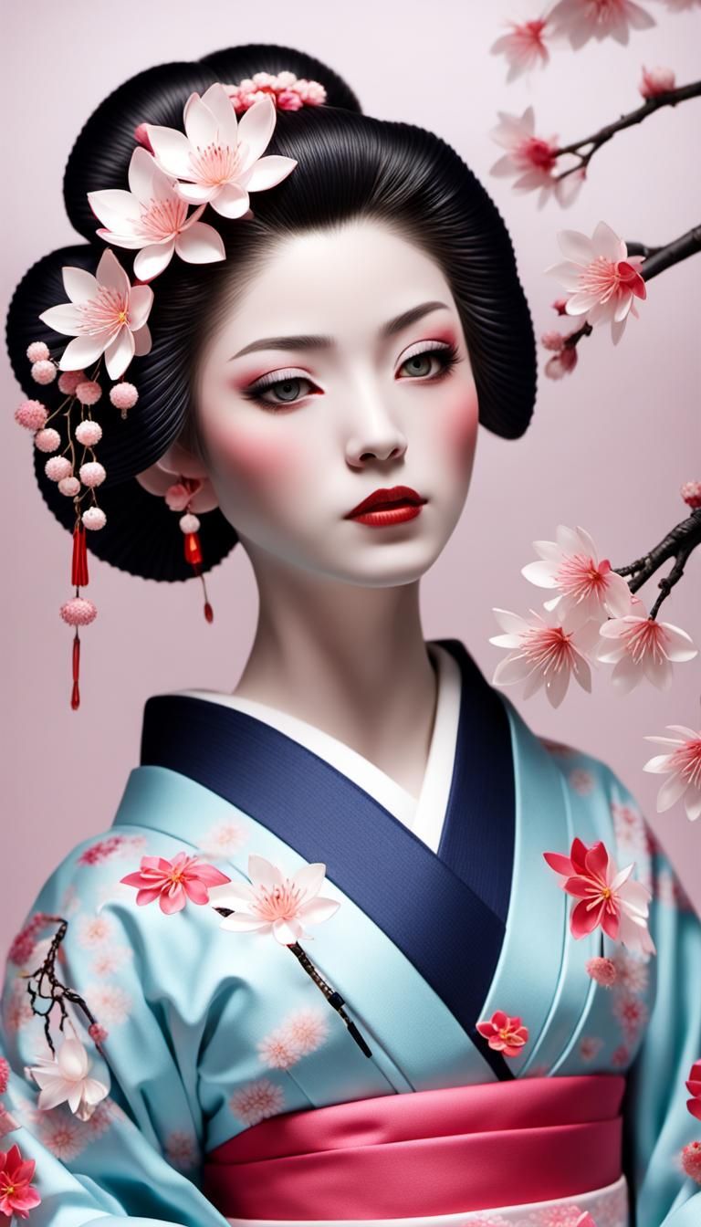 Close-up Portrait of a Geisha with Lotus Kimono