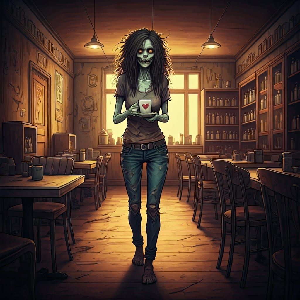 Zombie Woman in Coffee Shop: A Quirky Horror Scene