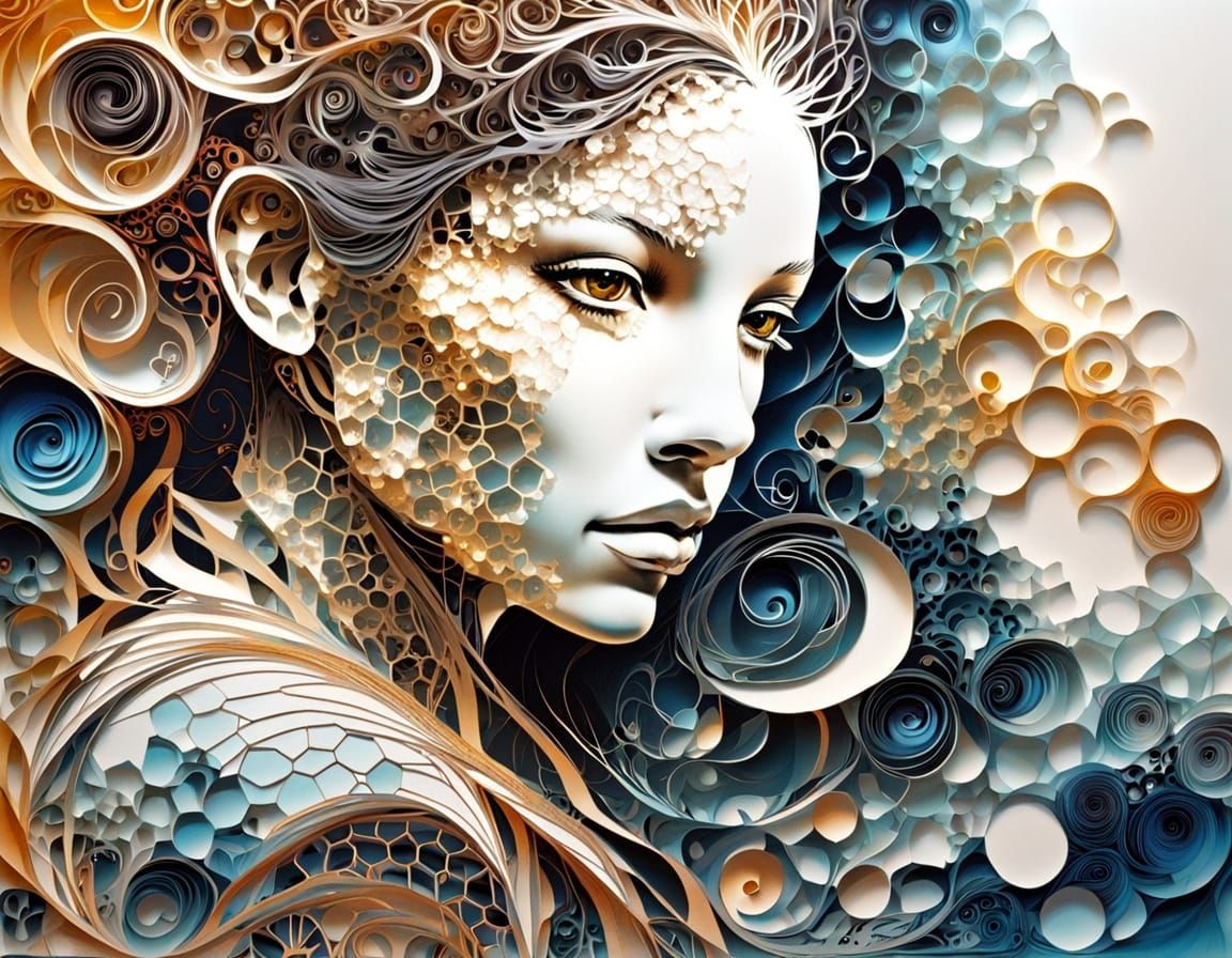 Dreamlike Gilded Woman with Honeycomb Fractal Patterns