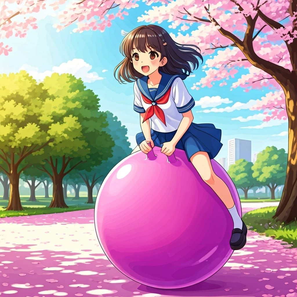 Teenage Girl on Space Hopper in 90s Anime Style