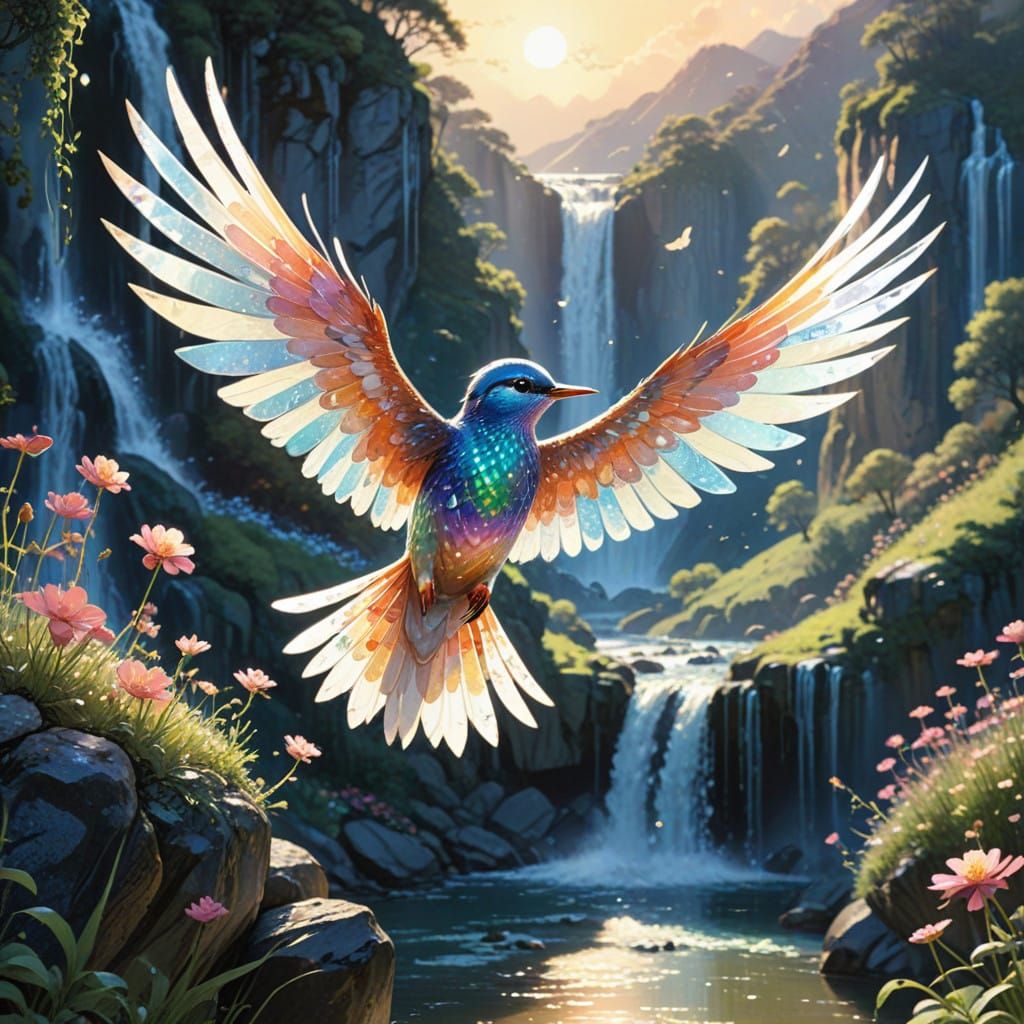 Whimsical Flower Bird Soars Across Pristine Landscape