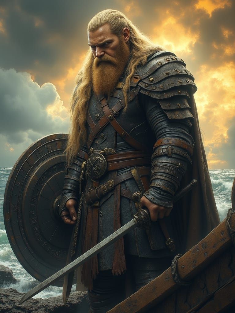 Viking Warrior on Longship in Stormy Light