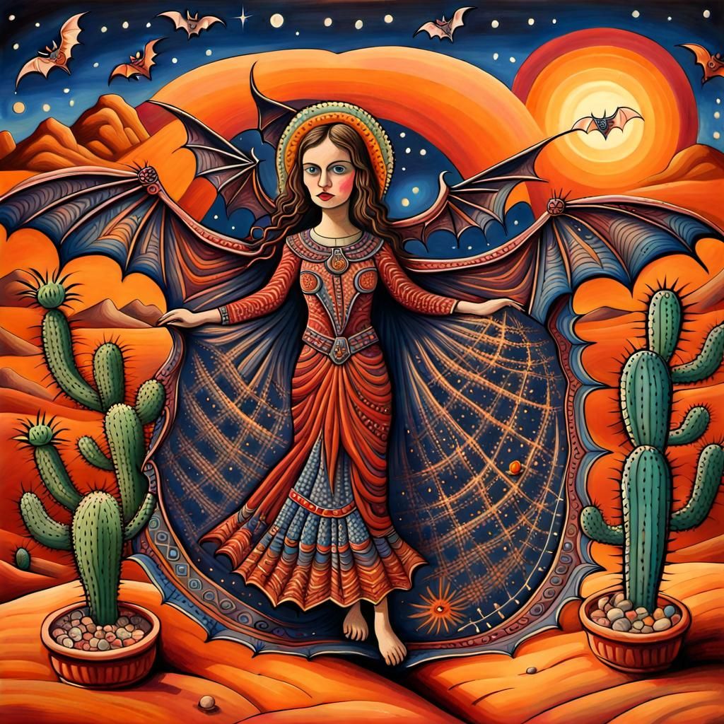 Bats and Cactus: Naive Folk Art Desert Scene