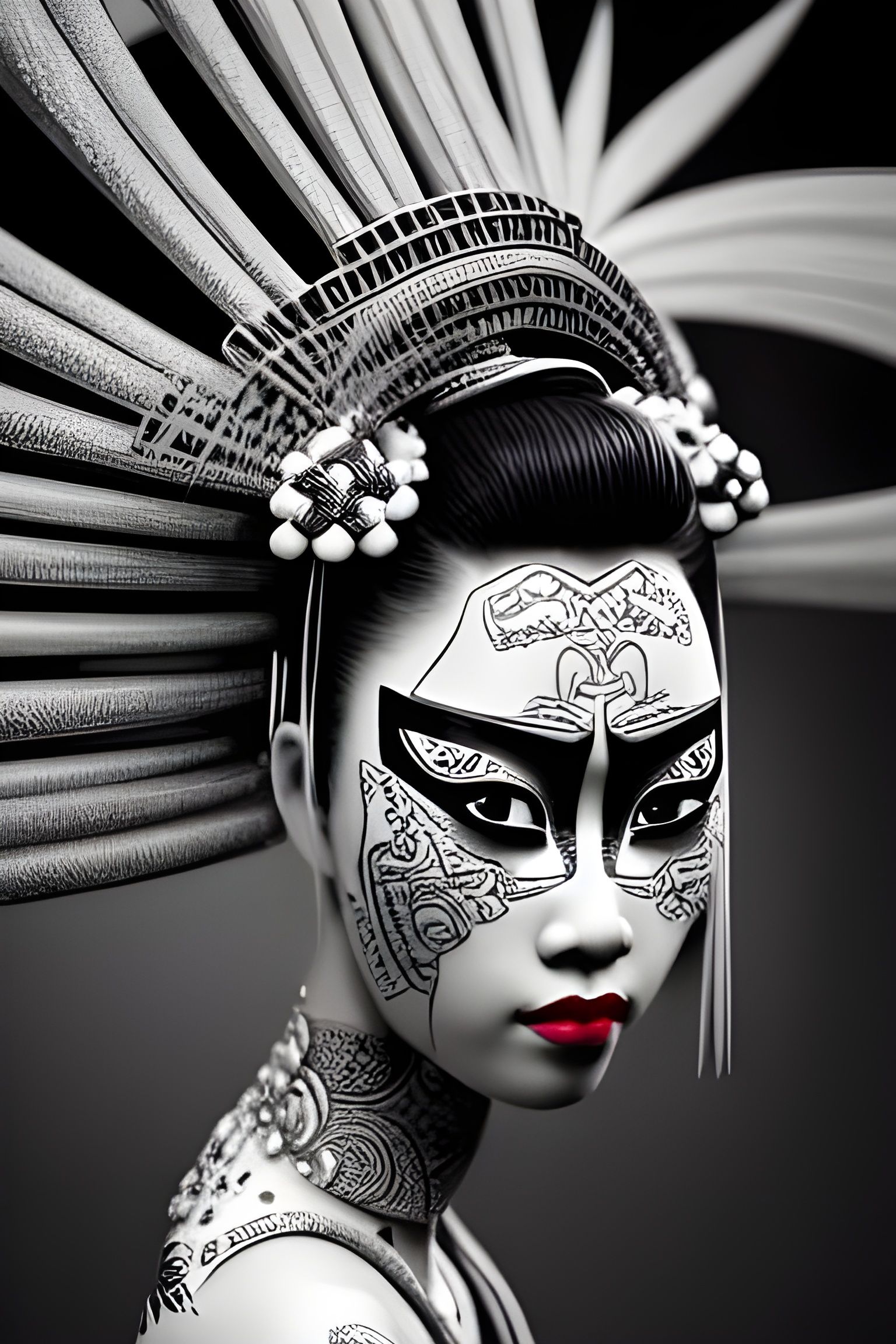 Elaborate Geisha Warrior in Black and White