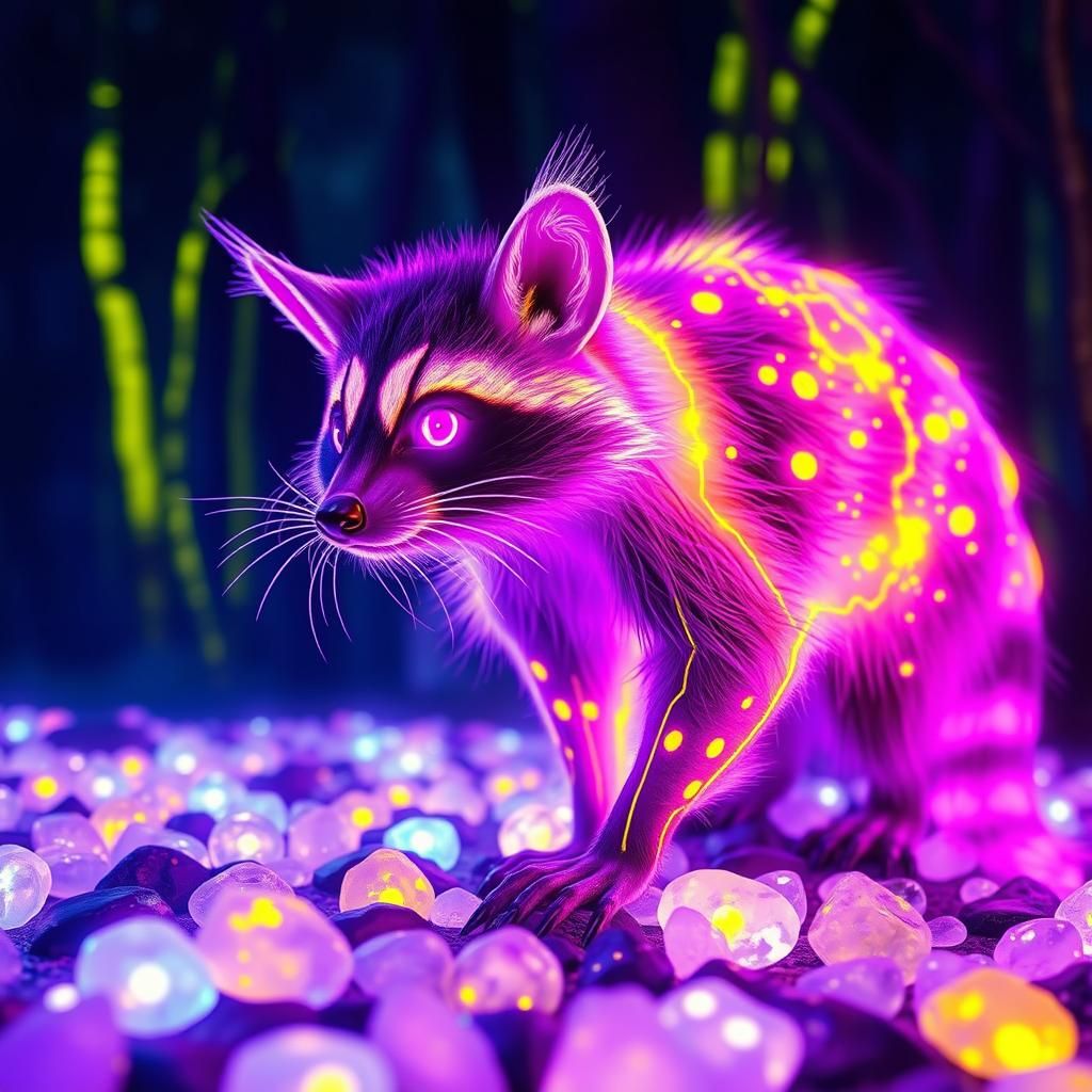 Luminescent Spirit Racoon in Forest, Dark Fantasy Art