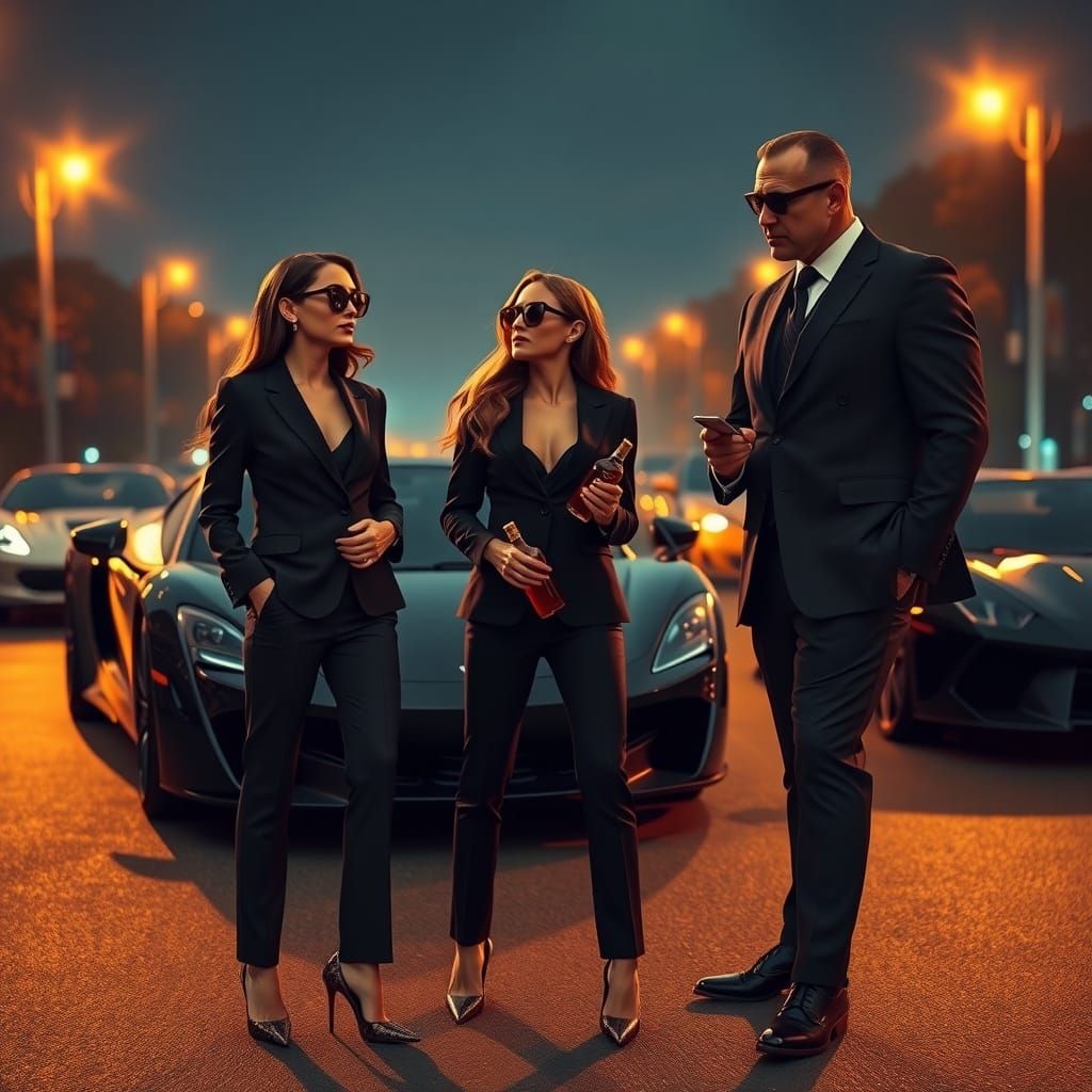 Confident Businesswomen Savor Luxury in Cyberpunk Night