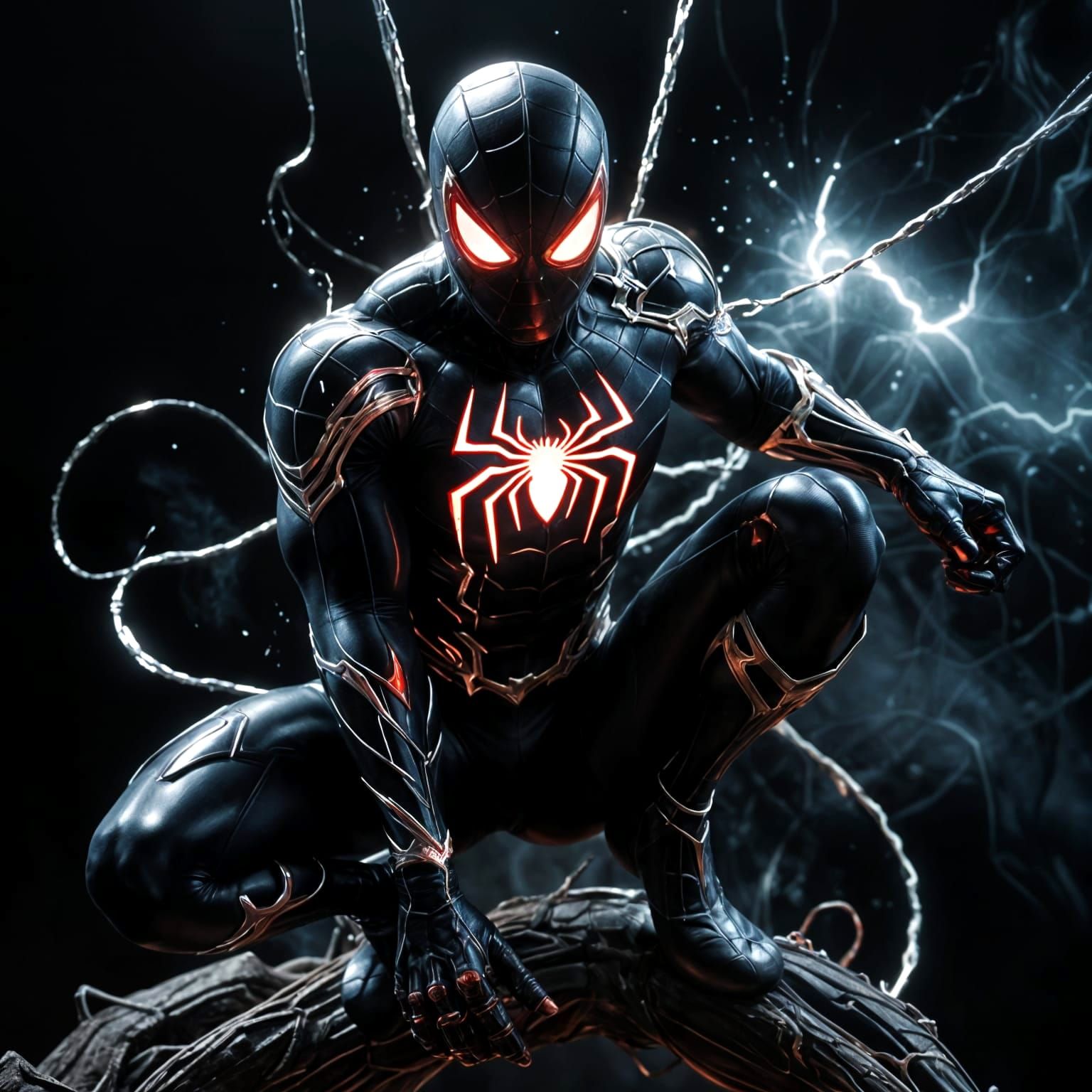 Spider-Man in Black Suit with Glowing Webbing