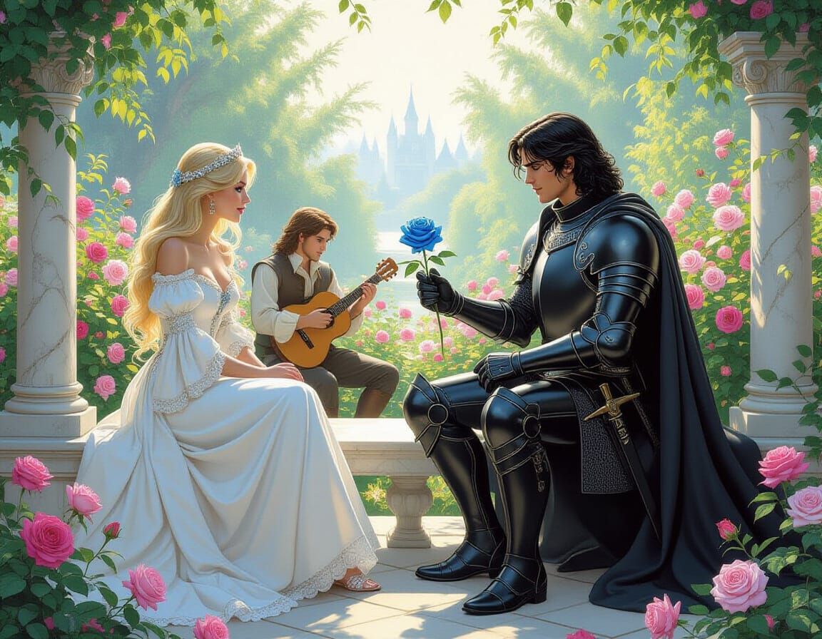 Knight Gives Blue Rose to Damsel in Fantasy Garden Art