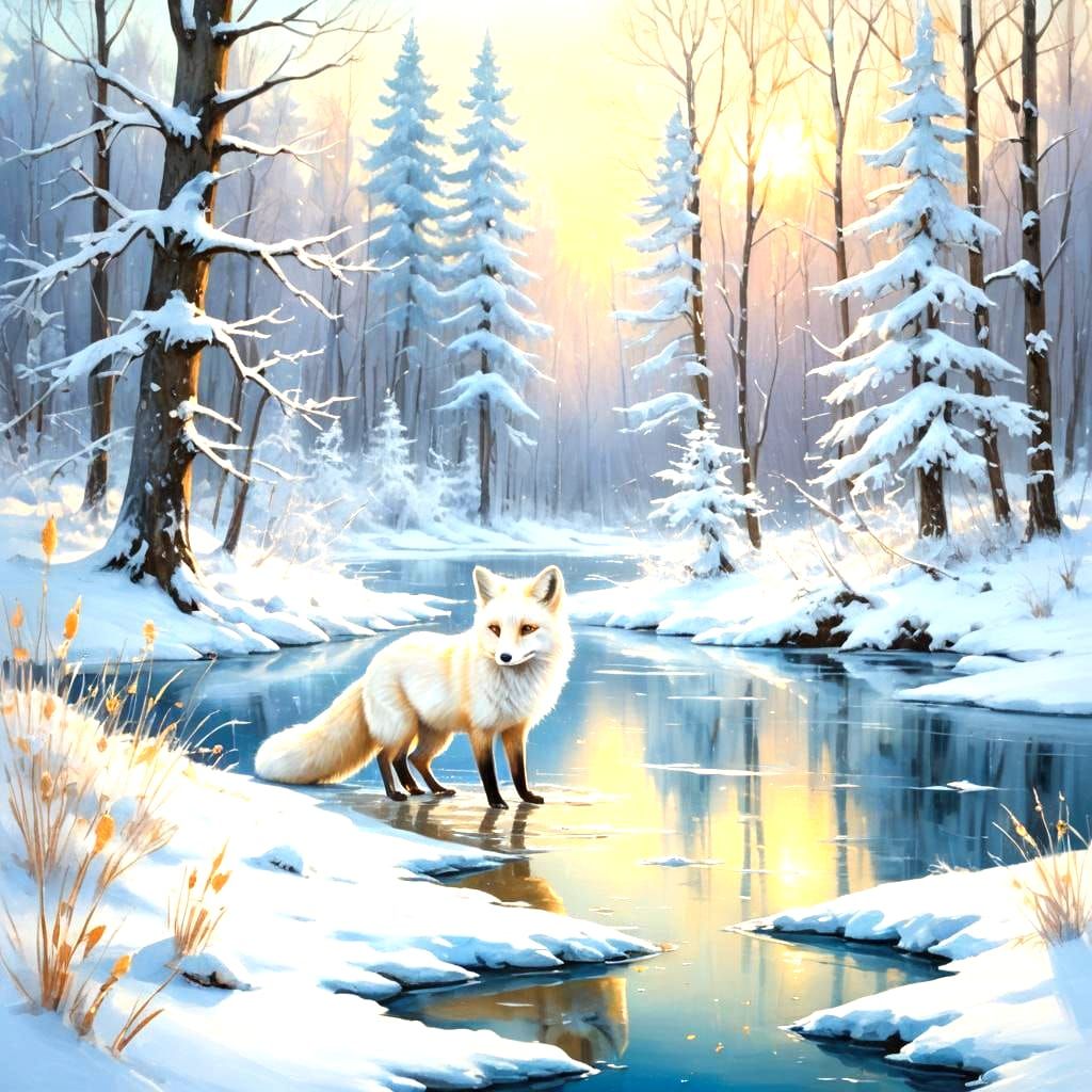 White Fox in Winter Landscape as Oil Painting